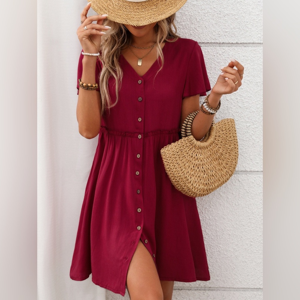 Red Button-Down Flutter Sleeve Mini Dress - Picture 7 of 14